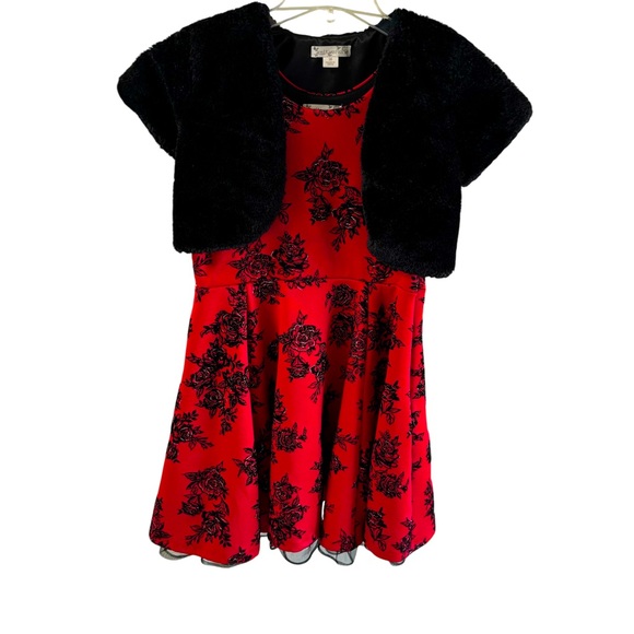 Knitworks Girl’s Christmas Dress Red/Black Roses Black Faux Fur Bolero Jacket - Picture 1 of 12